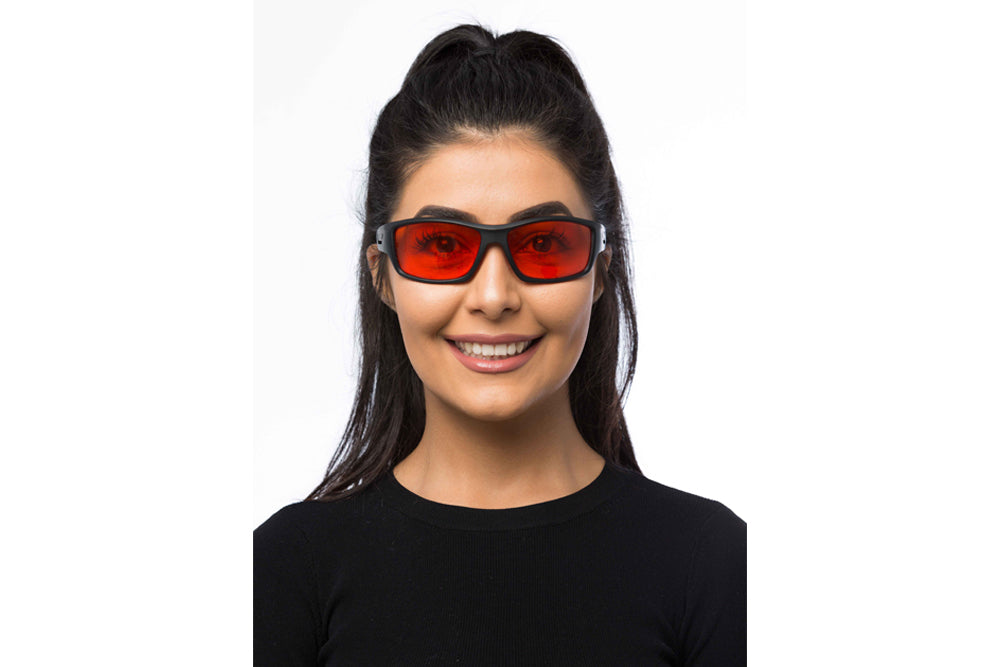 Woman Wearing Onyx Blue Light Blocking Glasses Readers